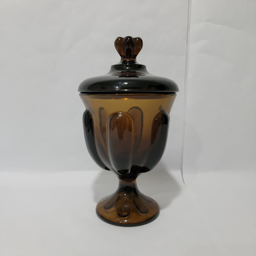 Viking Glass Brown Six Petal Footed Candy Dish with Lid Vintage MCM 1960s